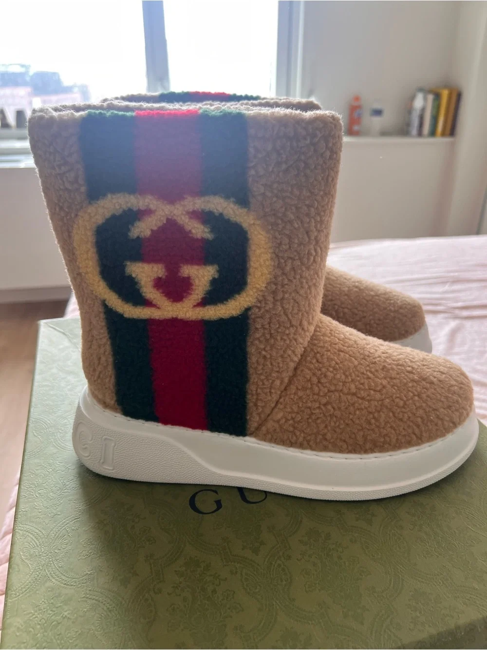 Gucci Tan Shearling Boot with Red & Green Stripe and Yellow Logo.